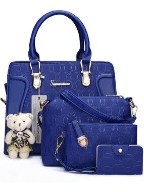 Women's Blue 4Pc Handbag Set Tote Shoulder Satchel Purse with Bear Charm